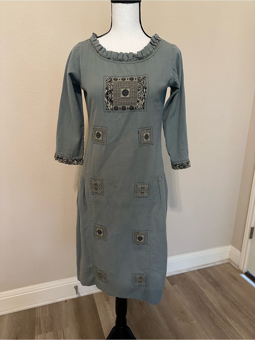 Ruffled Neck Patchwork Slate Green Midi Dress